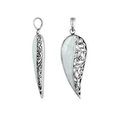 Sterling silver long leaf pendant with luminous mother of pearl and detailed Balinese filigree